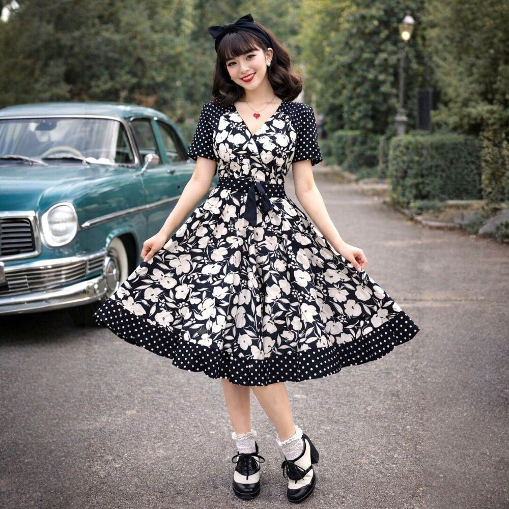 Adrienne Vittadini NWT Dress Small Black White Polka Dot Floral Pinup Rockabilly